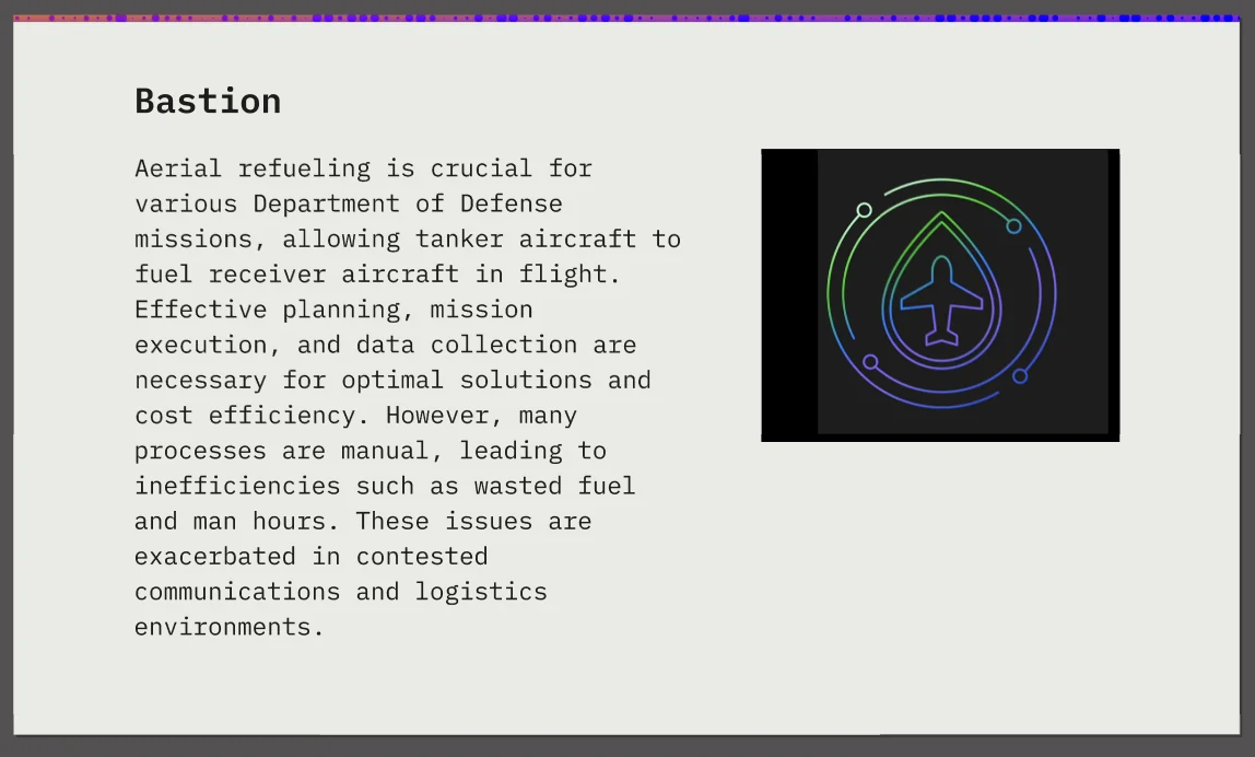 Bastion project page with aerial refueling copy and a circular aircraft graphic.
