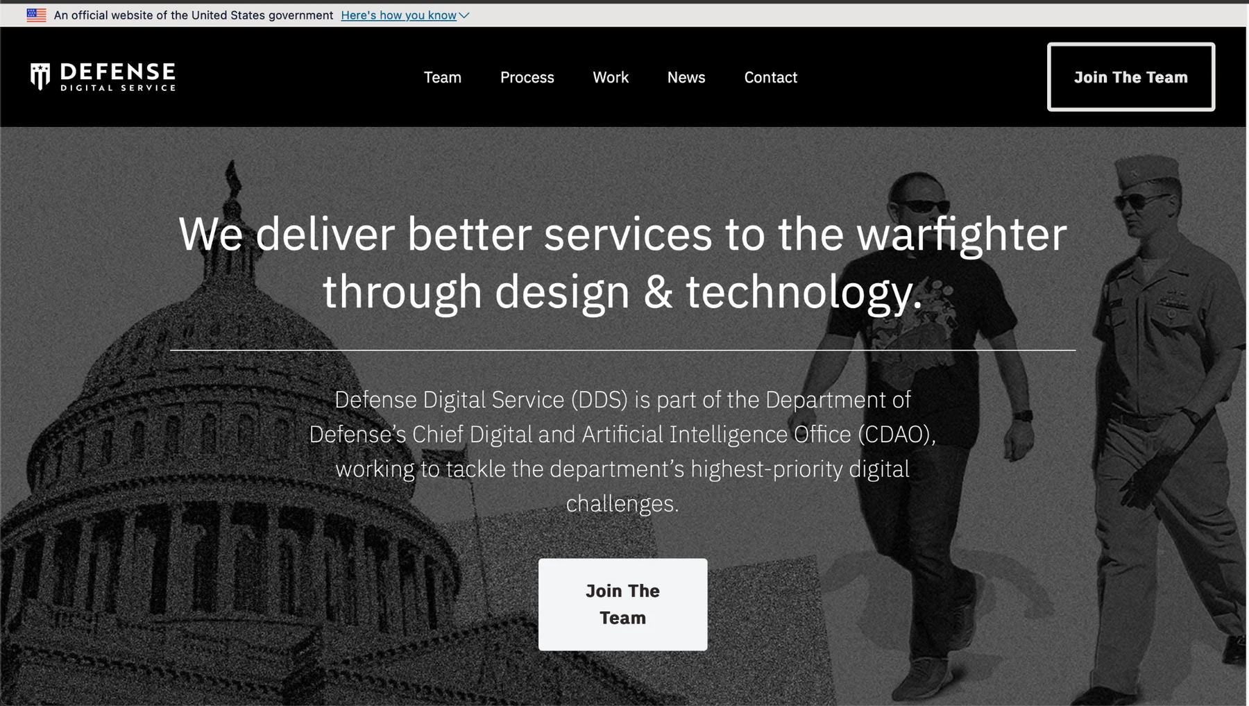 Defense Digital Service public homepage with black navigation and a grayscale hero about delivering better services to the warfighter through design and technology.