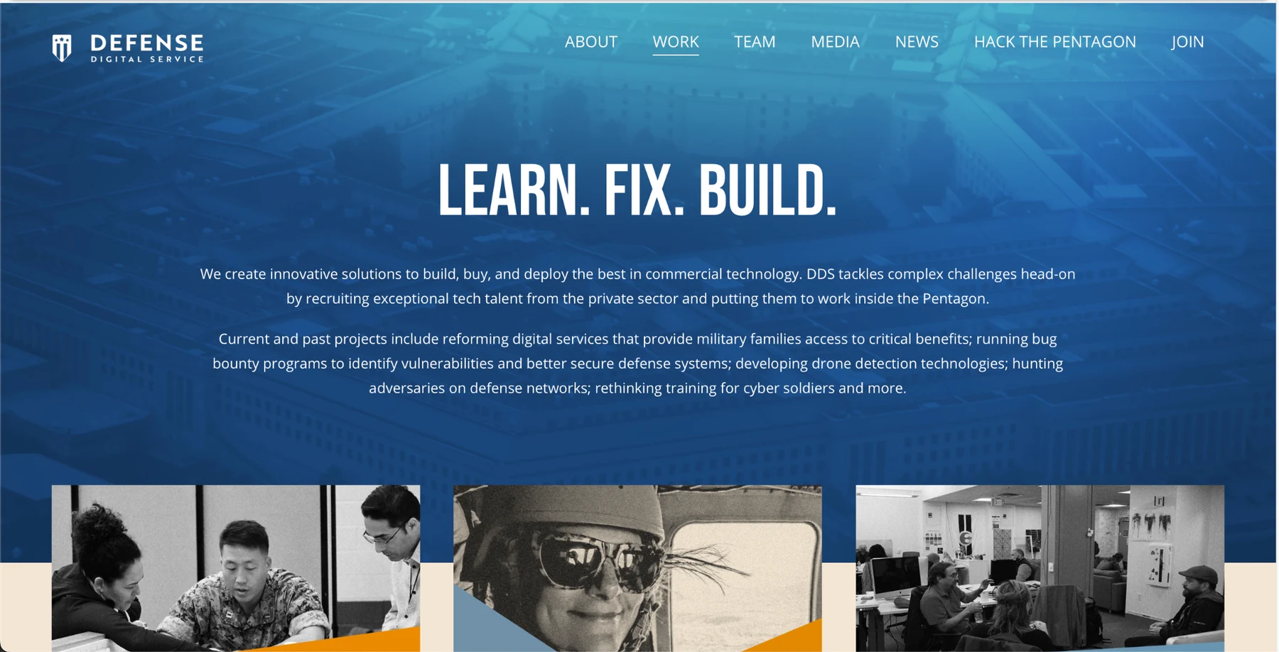 Defense Digital Service work page with a blue photographic hero and the heading Learn. Fix. Build.