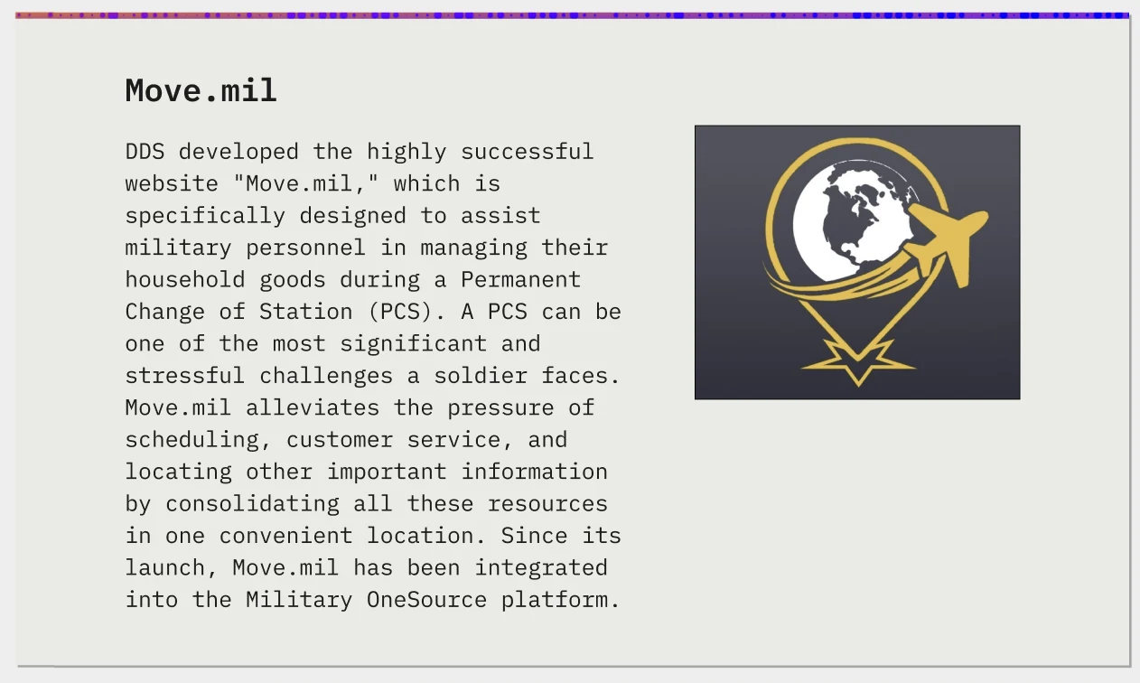 Move.mil project page with descriptive copy and a globe-and-airplane graphic.
