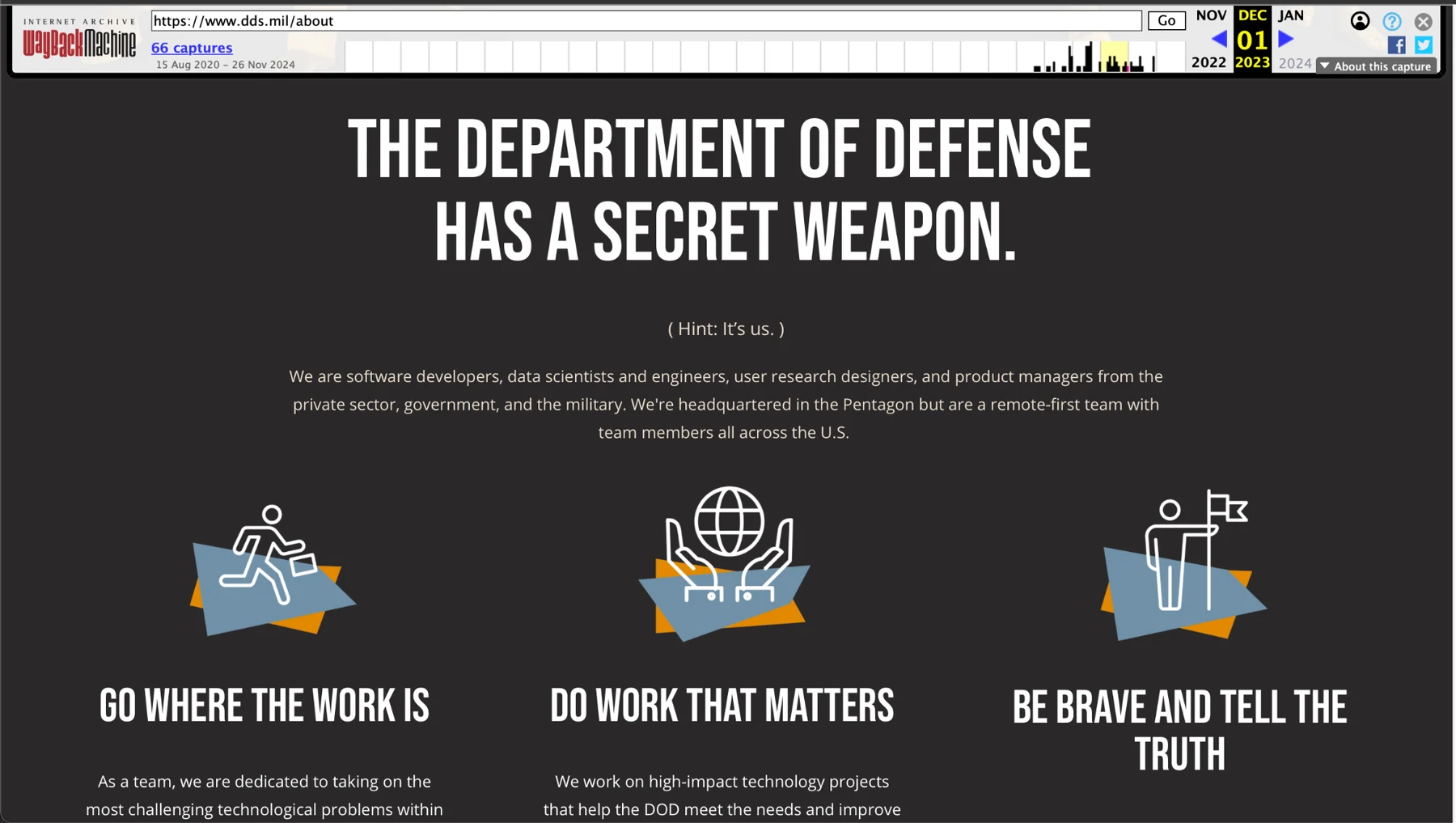 DDS values page showing Go where the work is, Do work that matters, and Be brave and tell the truth.