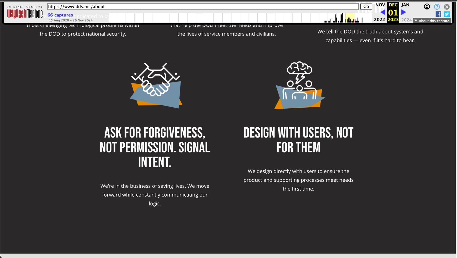 DDS values page showing Ask for forgiveness, not permission and Design with users, not for them.