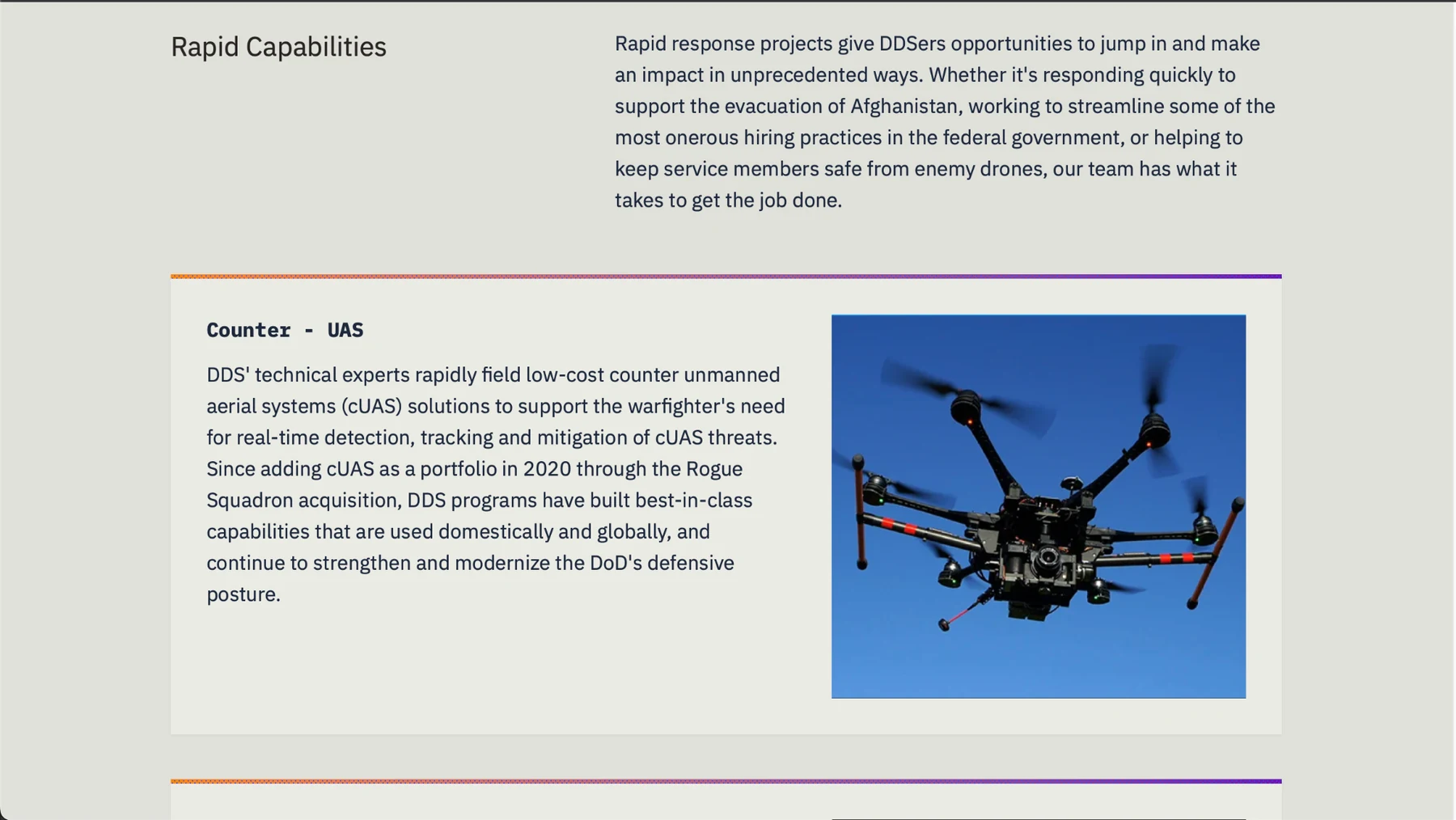 DDS rapid capabilities page featuring Counter-UAS copy and a drone image.