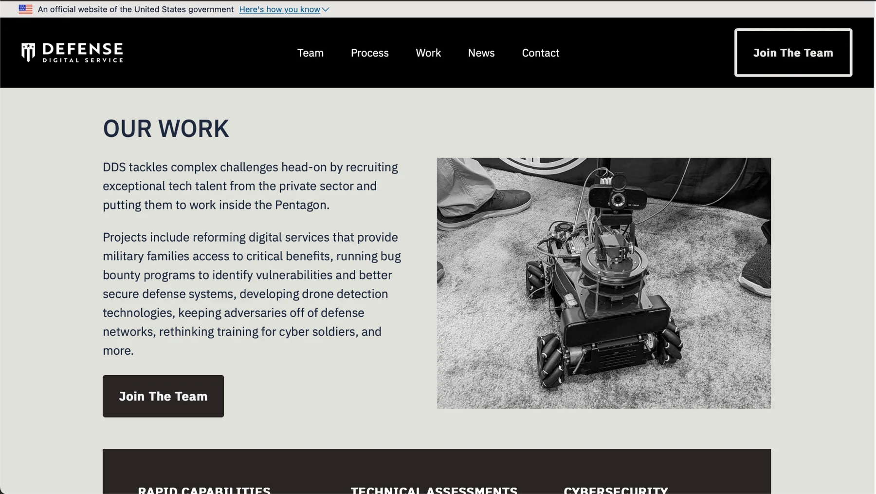 DDS work page with overview copy, join button, project image, and capability categories.