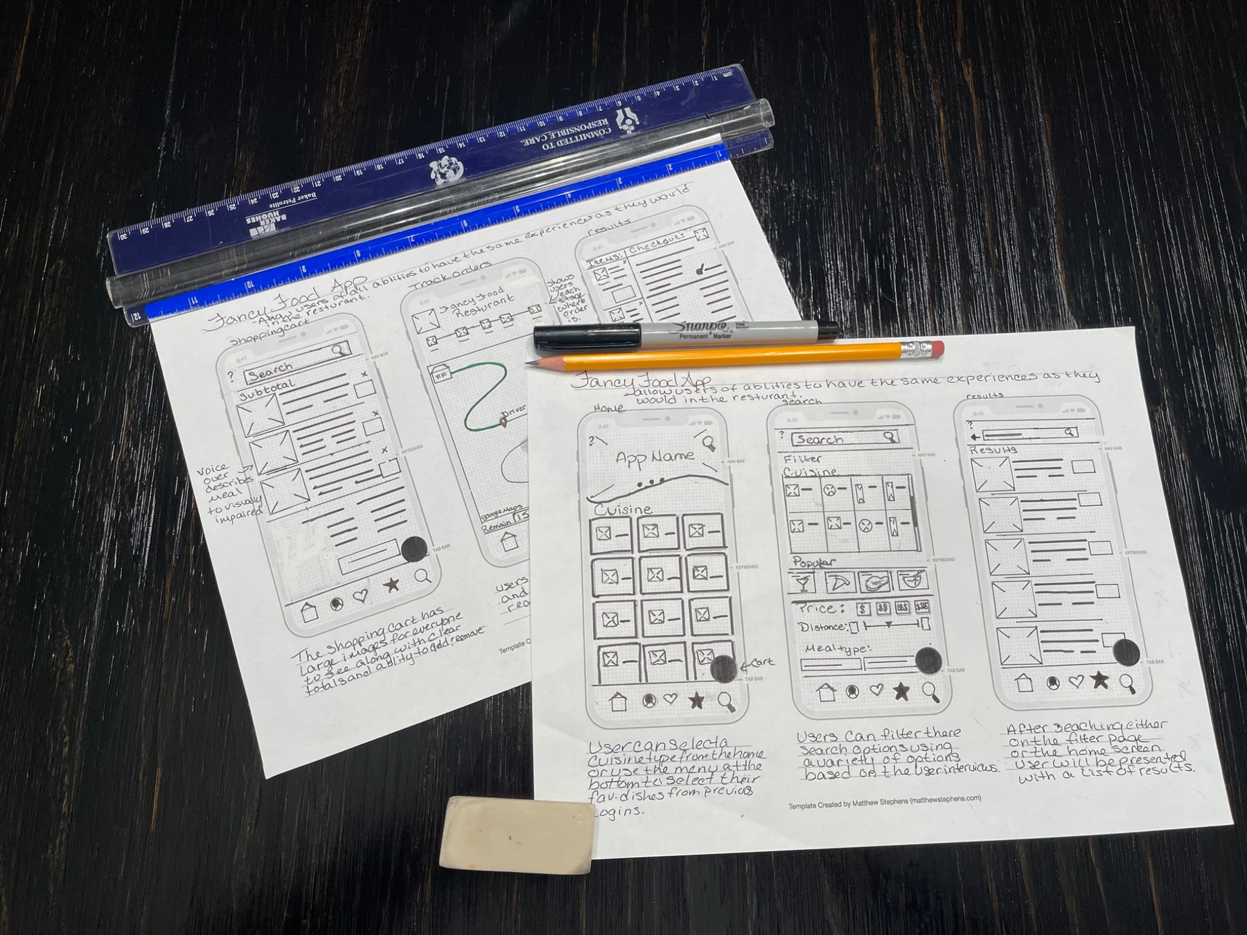 Hand-drawn Fancy Foods mobile wireframes showing search, results, restaurant details, checkout, and tracking concepts on paper.