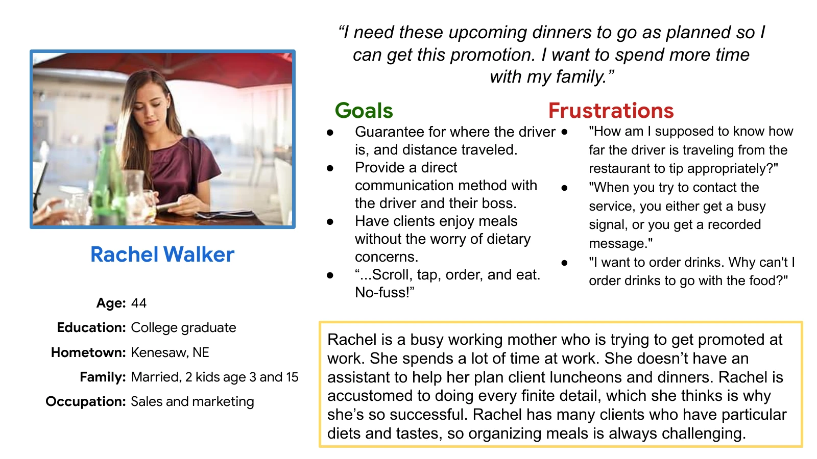 Rachel Walker persona showing goals and frustrations related to planning client meals, tracking delivery, dietary concerns, and contacting the service.