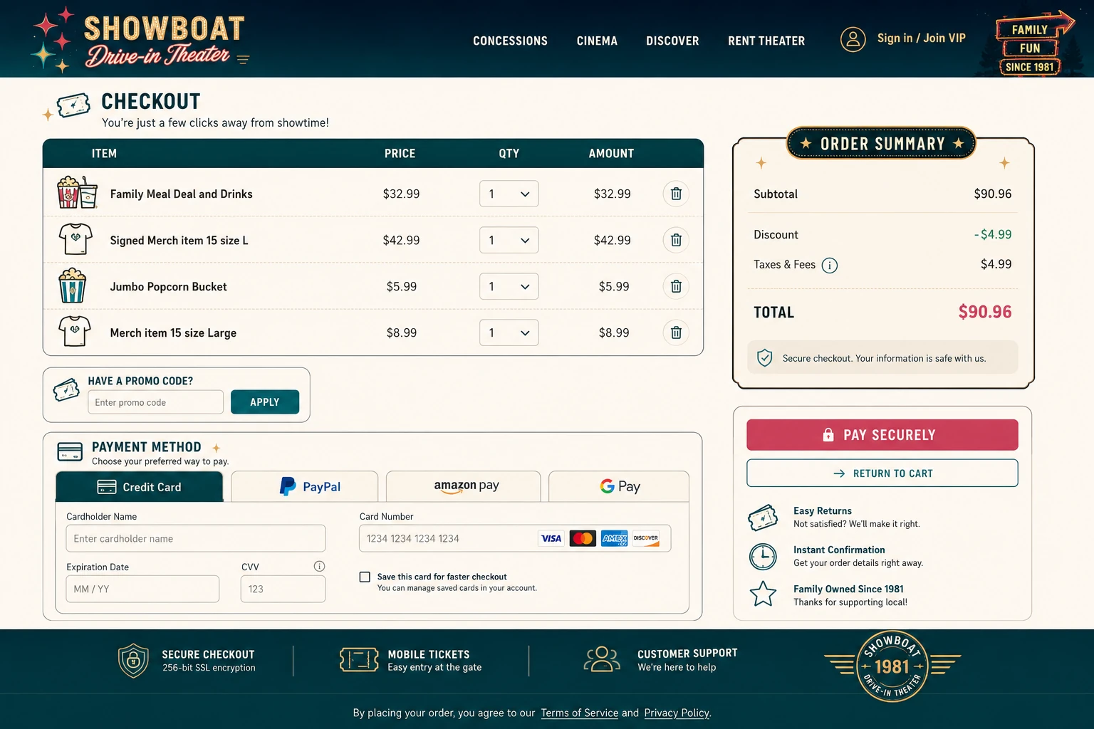 Showboat Drive-In high-fidelity checkout experience with order summary, payment methods, and secure checkout actions.