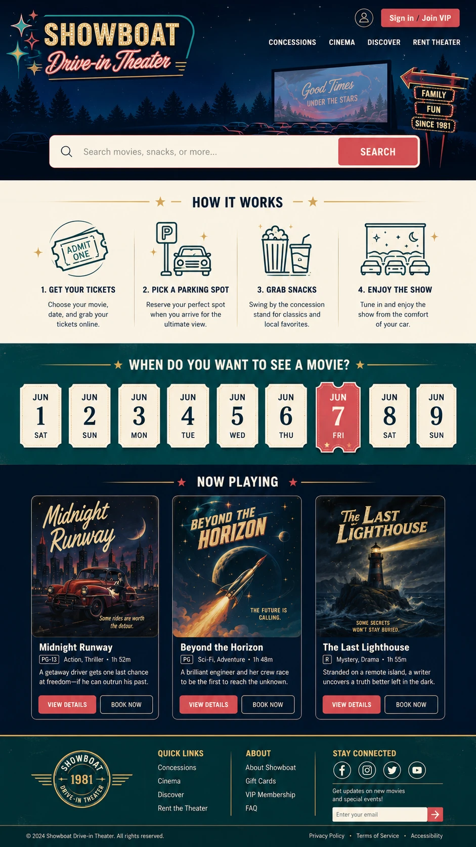 Showboat Drive-In high-fidelity homepage with search, date selection, movie cards, and booking actions.