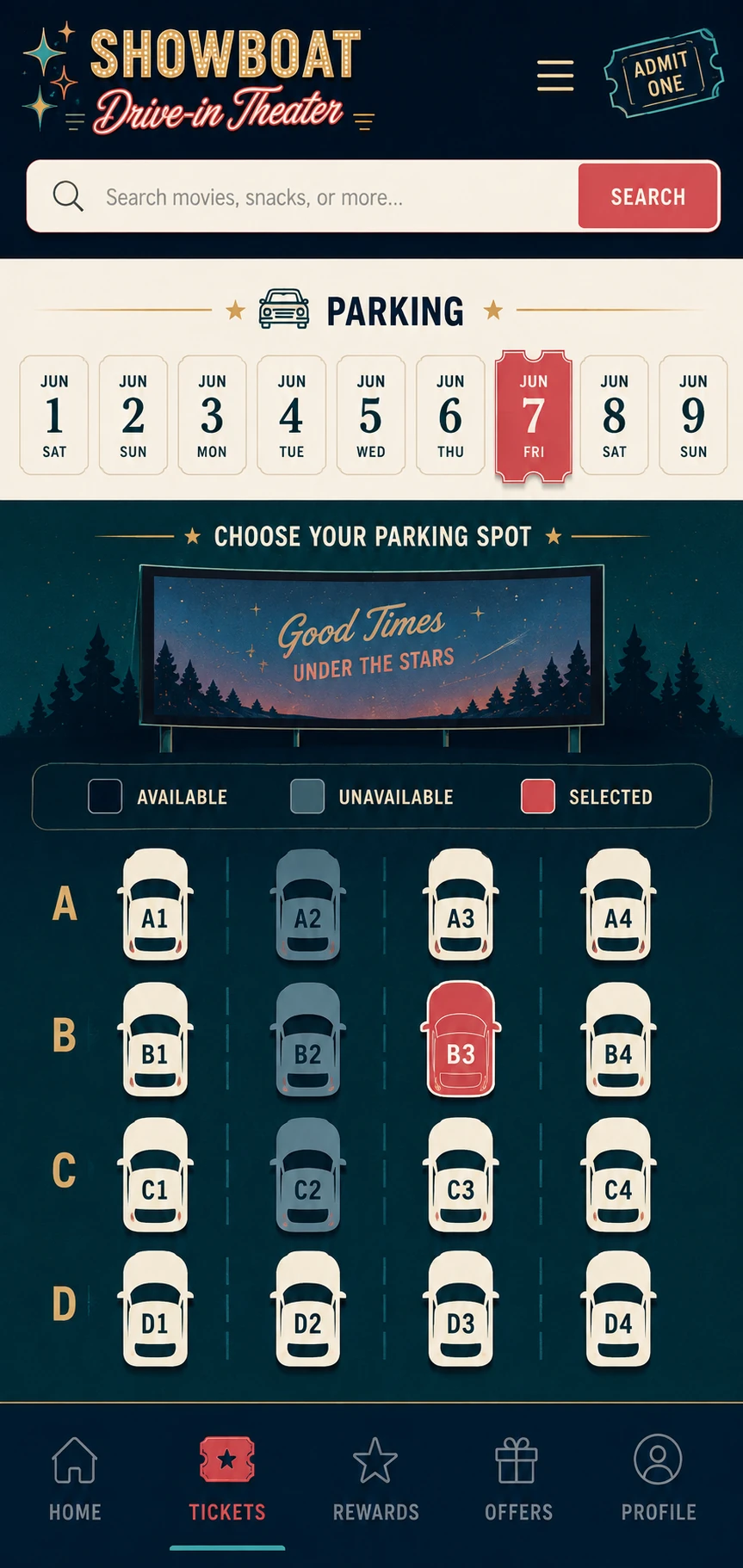 Showboat mobile parking reservation screen with date selection, parking availability, and selectable spaces.