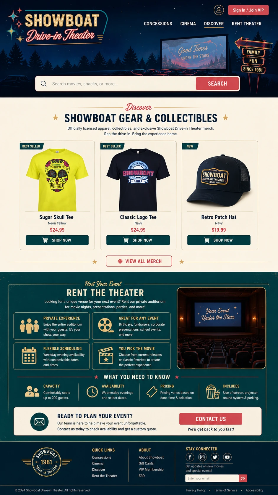 Showboat high-fidelity page featuring branded merchandise and private theater rental information.